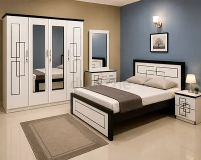 5-piece modern bedroom set: bed, wardrobe, dresser, nightstand, mirror (white/black)