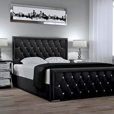 Elegant Black Velvet Tufted Bed Frame with Crystal Studs