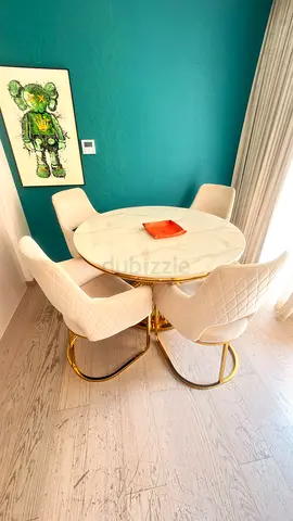 Luxury Round Marble Dining Table + 4 Chairs – Gold & Beige