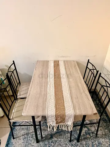 Light Wood Dining Table with 4 Metal Chairs - Compact Set