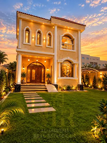 Residential villa for sale in Al Rawda 1, Ajman – Two floors plus a roof; features 5 master bedrooms; includes electricity, water, and air conditionin