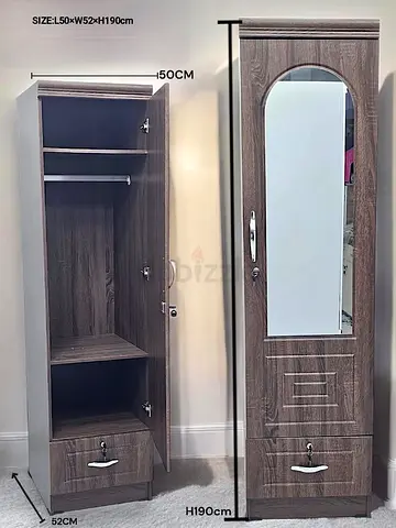 Slim Wooden Wardrobe with Mirror and Drawer - 50cm Wide, Grey Oak