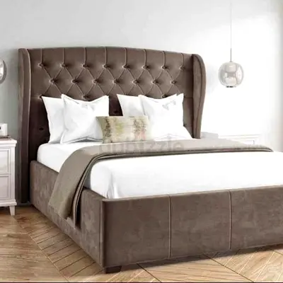 Rustic Brown Linen Wingback Bed With High Headboard