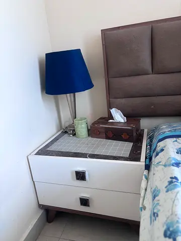 White wooden bedside table -2 side tables and dressing table with mattress 2 month use