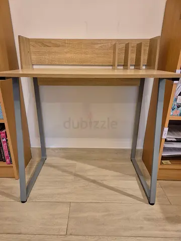 Compact wooden study desk with shelves and metal legs
