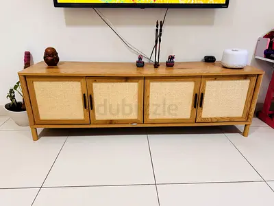 Wooden TV Console Cabinet with Woven Front Panels - Low TV Unit