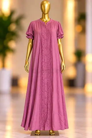 Mauve Long Kaftan Dress with Lace Panel and Puff Sleeves - Size Available