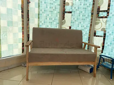 Small 2-seater wooden sofa/bench in beige fabric, good condition