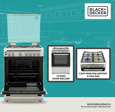Black+Decker 60cm Gas Cooker w/ Oven - 4 Burner, Stainless Steel - 6 months old, with ext. warranty