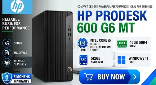 CORE i5-10 GEN HP PRO DESK 600 G6 MT-16GB RAM-512 GB NVME SSD-WIN 11 PRO-12 THREADS