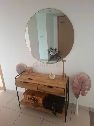 Wood and Metal Console Table with Round Wall Mirror - Good Condition