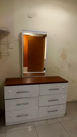 White 6-Drawer Dresser with Wood Top and Mirror - Good Condition
