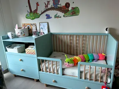 IKEA convertible baby crib with changing unit - mint green, includes mattress
