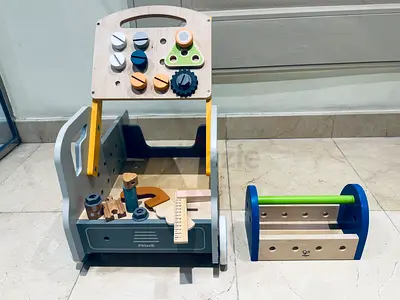 Toddler Wooden Push Walker Tool Bench Set with Hape Fix-It Toolbox & Accessories