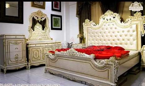 Ornate Classic Cream & Gold King Size Bed with Matching Dresser Set