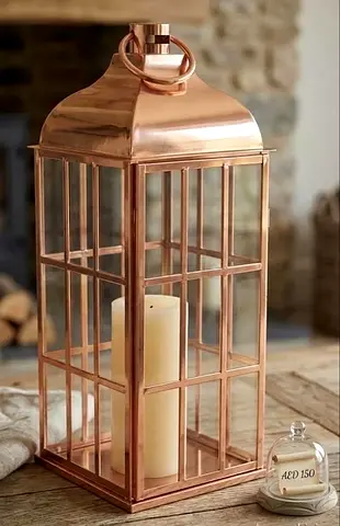 Rose Finish Glass Lantern Candle Holder - Large