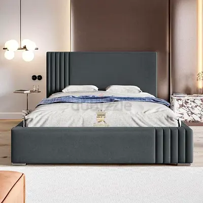 Modern Upholstered King Size Bed with Padded Headboard - Grey