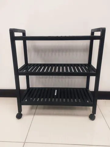 Solid Wood 3 Tier Trolley on Castors, Black, Slatted Shelves, JLT