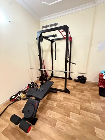 Home multi-gym power rack with bench and accessories - good condition