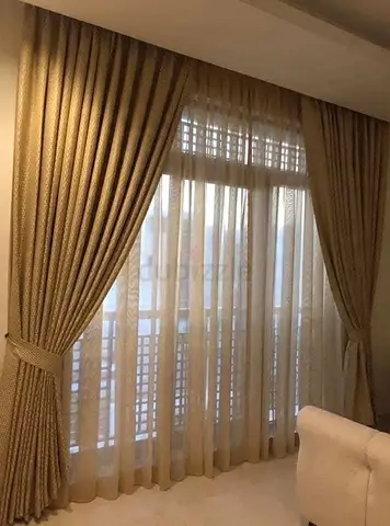 Beige Heavy Drapes with Sheer Curtains - Ready to Hang