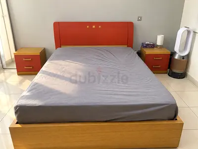 Wooden double bed frame with two matching bedside tables - great condition (mattress not included)