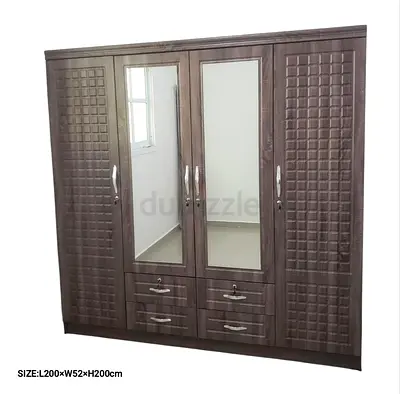 Large 4-Door Wardrobe with Mirrors and Drawers - Dark Wood Finish