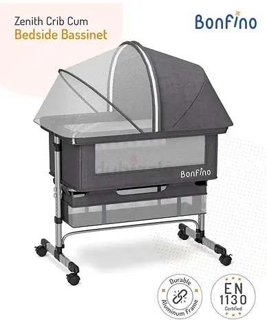 Bonfino Zenith Bedside Bassinet / Crib - Adjustable, Mesh Sides, Wheels