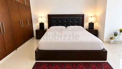 King wooden platform bed with modern upholstered headboard