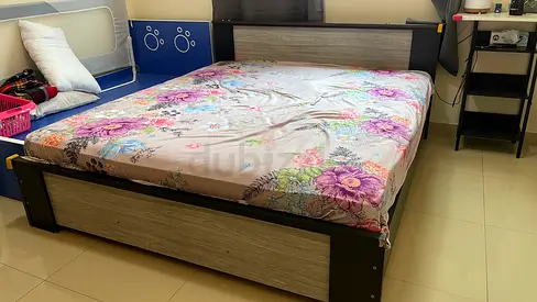 King size wooden bed frame with headboard and soft memory foam mattress— good condition