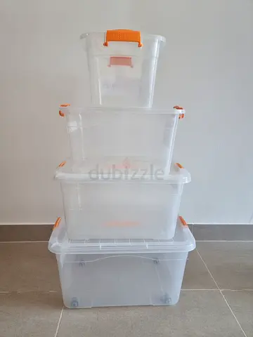 Set of 4 Transparent Plastic Storage Boxes with Lids and Wheels