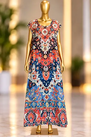 Long bohemian floral maxi dress, size not tagged — lightweight casual wear
