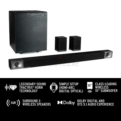 Klipsch Cinema 600 Sound Bar 5.1 SURROUND , Home Theater System with HDMI-ARC for Easy Set-Up, BLACK