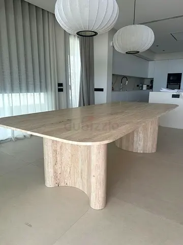 Modern Custom Travertine Dining Table with Natural Stone Finish, Rounded Corners and Elegant Pedesta