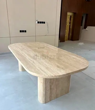 Custom Made Travertine Dining Table with Rounded Rectangular Top and Matching Solid Stone Pedestal L