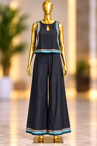 Black Two-Piece Cotton Set: Sleeveless Top + Wide-Leg Pants (Size not specified)