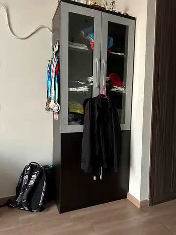 Dark wood wardrobe with glass doors - good condition