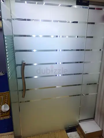Frosted Glass Sliding/Office Door with Horizontal Stripe Design and Handle