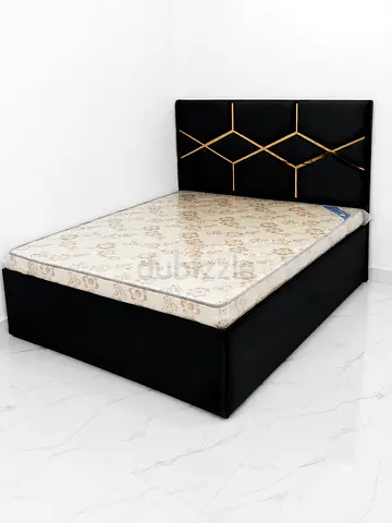 Black Upholstered Double Bed with Headboard and Base Storage