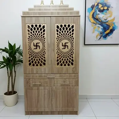 Wooden Pooja Cabinet / Prayer Altar with Carved Doors - Light Oak Finish