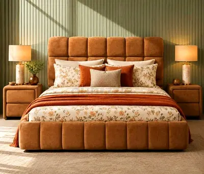 Terracotta fabric sleek line design king thick bed