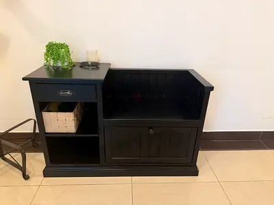 Pottery Barn Black Wood Entryway Storage Bench with Drawer and Shelf