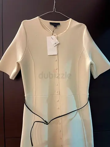 Zara Cream short-sleeve fitted dress with thin belt (with tags) - Size L (UK 12)