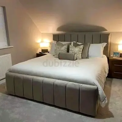 Upholstered King Size Bed with Padded Headboard and Footboard - Grey