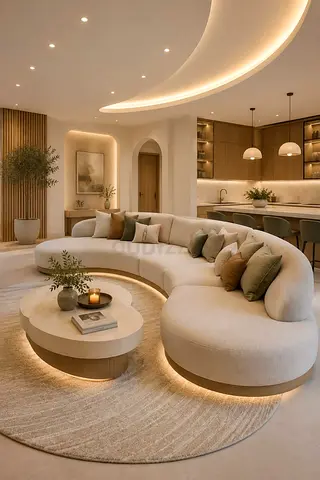 Modern curved sectional sofa in cream with round coffee table