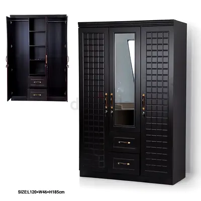 Solid Black 3-Door Wardrobe with Mirror and Drawers - 120x46x185cm