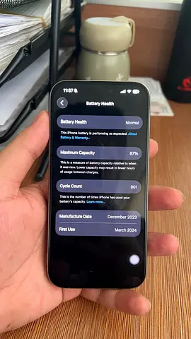 iPhone with 87% Battery Health, used since Mar 2024