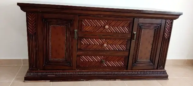 Solid Wood Sideboard / TV Console with Carved Front - Dark Brown
