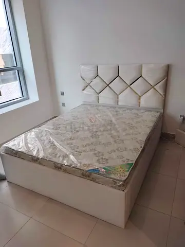 White Upholstered queen Bed with Headboard and Mattress