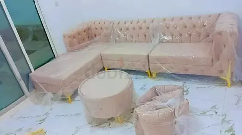 Light Beige Velvet L-Shaped Chesterfield Sofa with Ottoman - Almost New