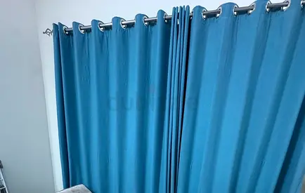 Blue Eyelet Curtains with Silver Grommets - Good Condition